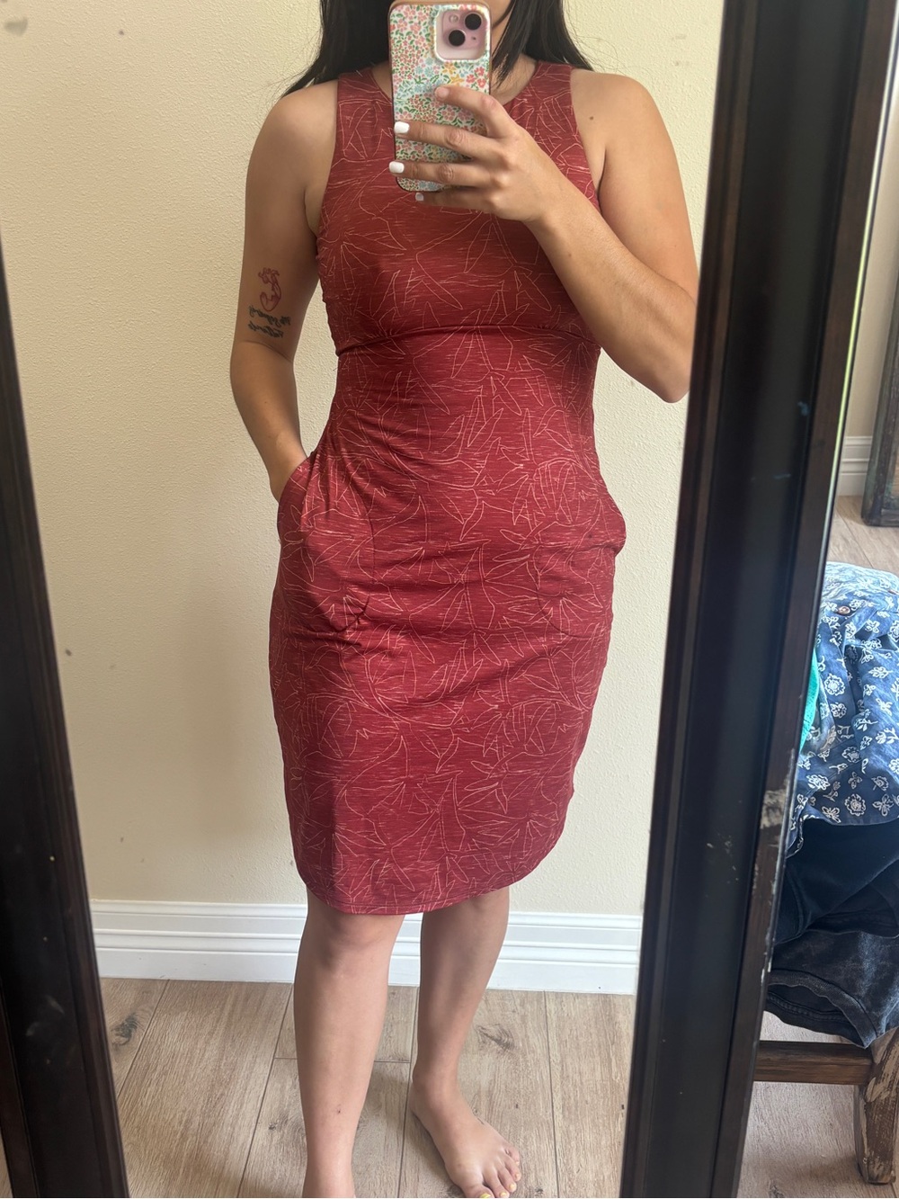 Prana Sleeveless Midi Dress in Deep Red with Subtle Print